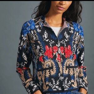 Anthropologie Floral Knit Blazer Jacket in Blue, Black, Red, Tan, White